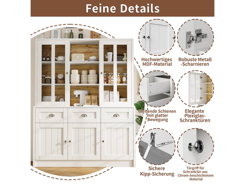 Buffet de cuisine - buffet haut avec portes acryliques vitrées -rangement tiroirs et étagères réglables mdf 140x38.5x175 - blanc - Conforama C