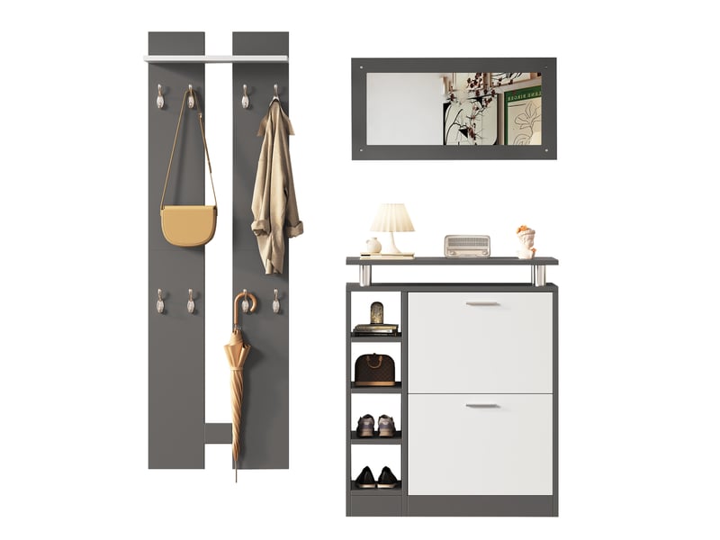  Meubles d'entrée avec meuble à chaussures, miroir, 8 crochets et étagères réglables, gris, 80 × 25 × 96,5 cm  - Conforama A