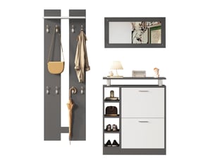 Meubles d'entrée avec meuble à chaussures, miroir, 8 crochets et étagères réglables, gris, 80 × 25 × 96,5 cm