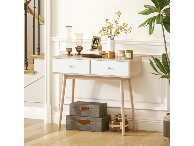  Console à 2 tiroirs, design moderne en chêne et blanc, idéale pour une entrée, un salon ou un couloir, 86 x 35 x 75 cm  - Conforama D