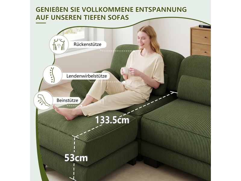  Canapé d'angle modulable 2 places en velours côtelé vert, avec pouf, assise profonde, coussin lombaire, 194×161×94 cm  - Conforama D