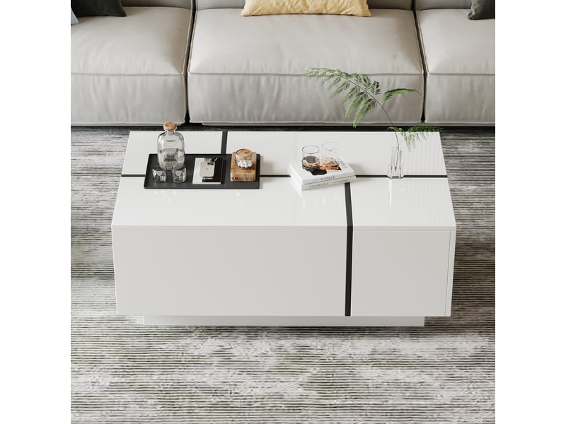  Table basse carrée avec 4 tiroirs et plateau coulissant, finition brillante, pour salon, 100 × 60 × 40 cm, blanc  - Conforama C