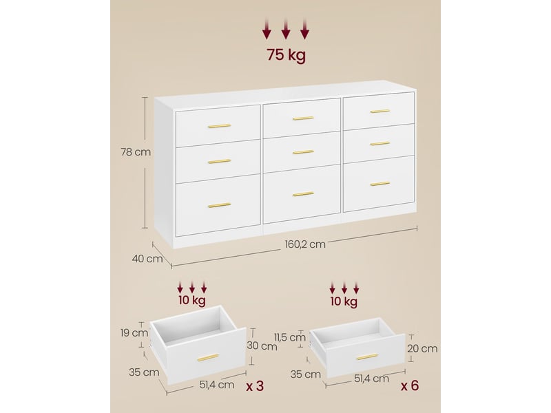  Commode de rangement moderne 40 x 160 x 78 cm 6 tiroirs design épuré meuble salon en aggloméré blanc 12_0013070  - Conforama B