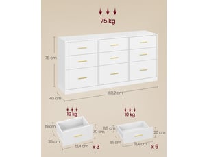 Commode de rangement moderne 40 x 160 x 78 cm 6 tiroirs design épuré meuble salon en aggloméré blanc 12_0013070