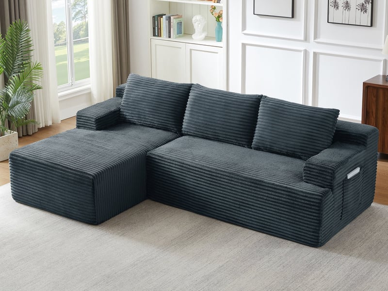  Canapé d’angle 4 places gris foncé en velours côtelé, style nuage avec méridienne droite, modulable et convertible  - Conforama B