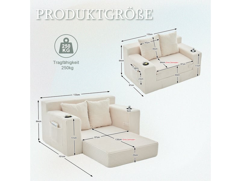  Canapé droit convertible 2 places, en velours côtelé, 2 coussins, porte-gobelet et poches latérales, 151 × 133 × 64 cm, beige YXY-0915-3 - Conforama C