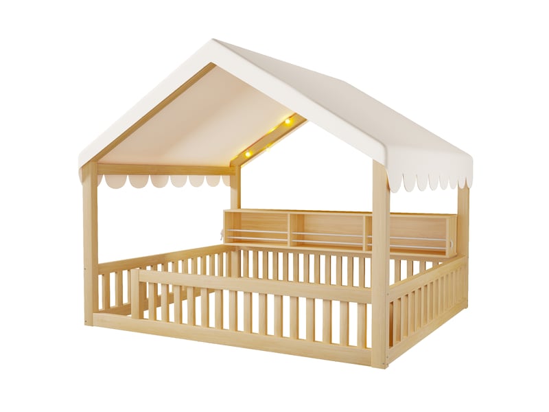 Lit cabane jeune 140x200 cm avec led, bibliothèque et sécurité bois naturel - Conforama R