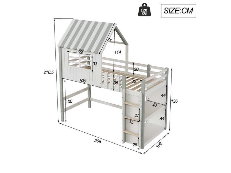 Lit mezzanine enfant 90x200 cm – vert – forme maison, échelle de sécurité et 25 lattes, sans matelas - Conforama C