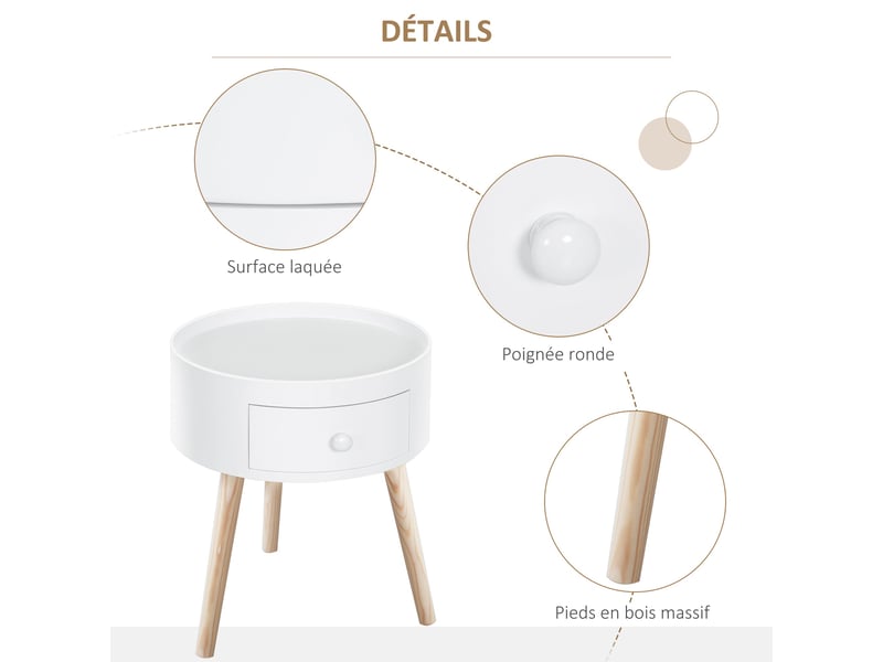  Lot de 2 tables de chevet rondes 38 x 38 x 45 cm tiroir pratique pieds effilés épuré scandinave chambre en mdf blanc 21_0001836  - Conforama C