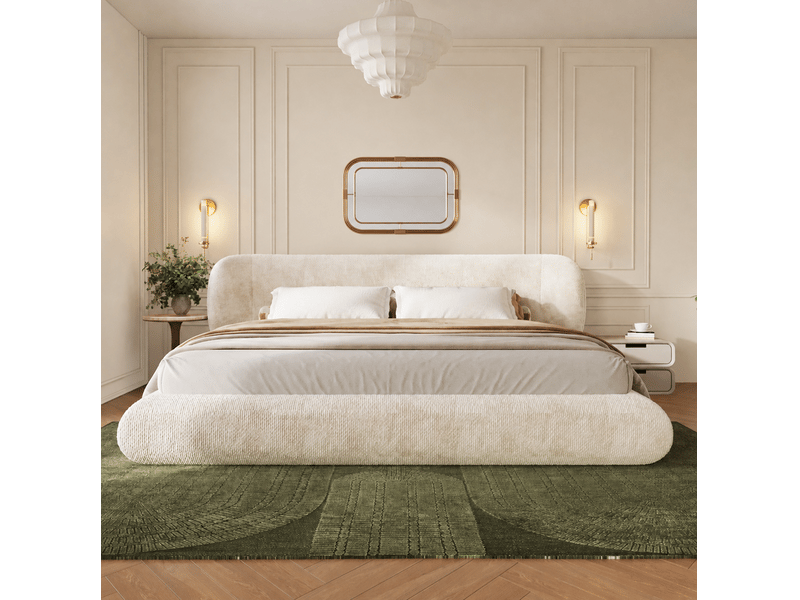 Lit double rembourré 180x200 cm avec sommier à lattes, lit adulte en chenille beige, sans matelas - Conforama B