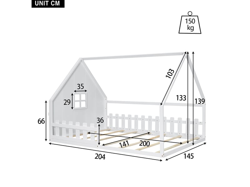  Lit enfant cabane 140 x 200 cm blanc avec barrières  - Conforama E
