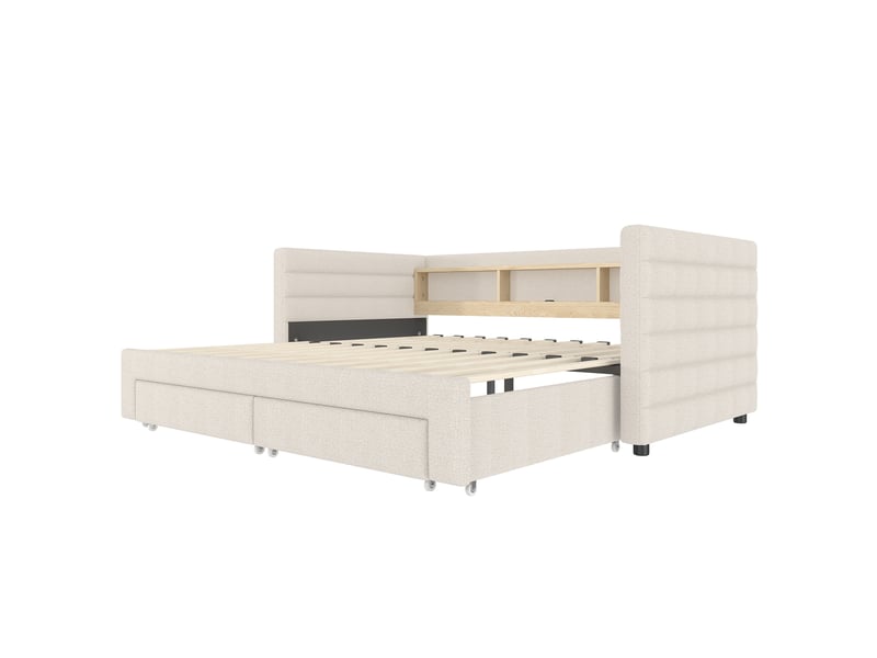  Lit de jour 90 × 190 cm avec led, usb et type-c, 2 tiroirs, rangements, sans matelas, beige, velours confortable  - Conforama A