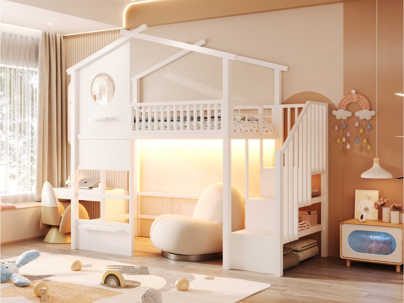  Lit superposé en métal 90x200 cm blanc avec éclairage led escalier de rangement et garde-corps haut pour enfant et adolescent Sol Morn - Conforama D