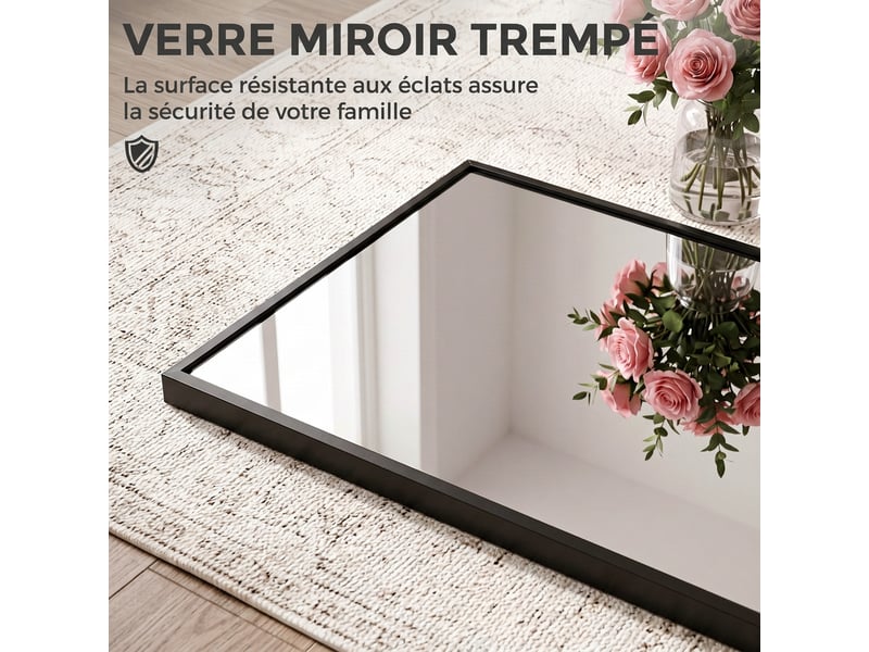  Miroir mural rectangulaire 110 x 40 cm, crochets, hauteurs réglables, cadre en alliage d'aluminium, verre trempé, noir  - Conforama R