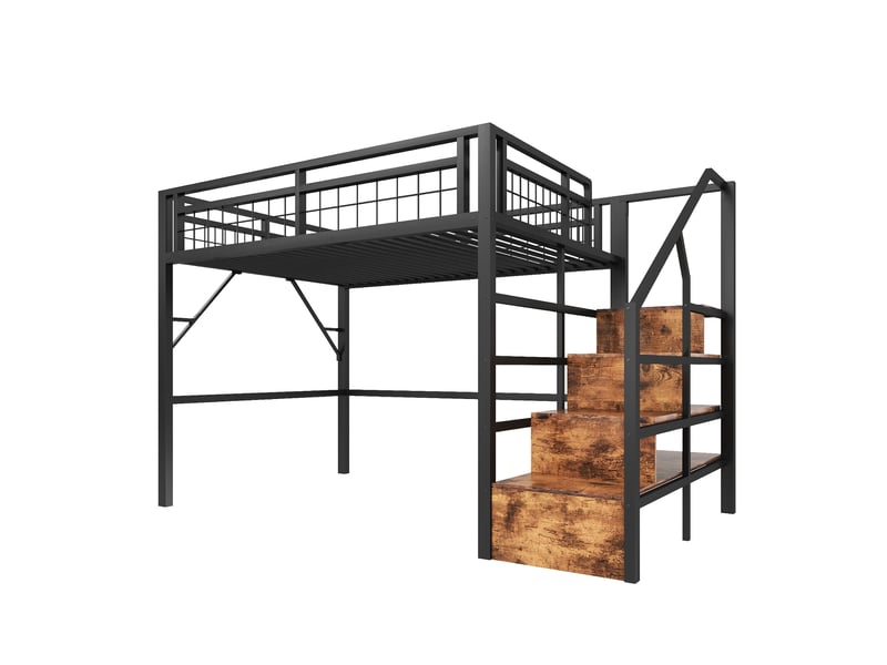  Lit mezzanine noir 140x200 cm en métal avec escalier rangement et led, sans matelas  - Conforama D
