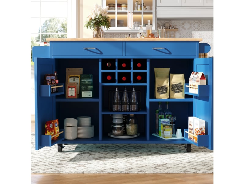  Desserte de cuisine 102 x 45 x 92 cm bleue en mdf et métal, rangement modulable sur roulettes verrouillables  - Conforama B