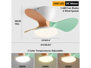 Ventilateur plafond avec lumière led 24w, 6 vitesses, 3 pales abs, télécommande, pour chambre(multicolore, 61 cm)