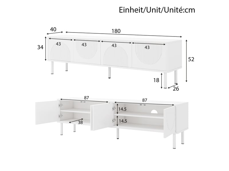  Meuble tv ulevr 180 cm avec 4 compartiments fermés et passe-câbles, mdf et panneaux de particules, blanc mat  - Conforama C