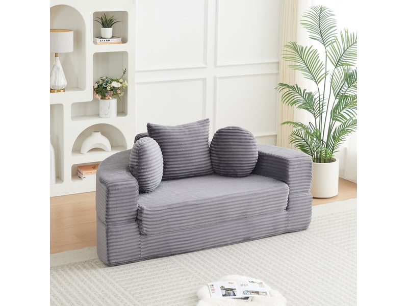  Canapé convertible 4-en-1 modulable en méridienne ronde, avec trois coussins, en velours côtelé gris  - Conforama B