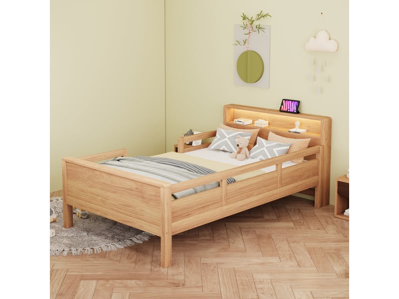  Lit enfant multifonction 90 x 200 cm - lit simple 90 x 200 cm - avec prise usb &amp; type-c, éclairage led et barrière de sécurité – bois - natural  - Conforama B