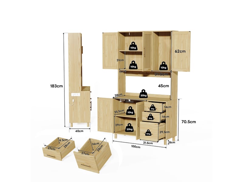  Buffets bahuts - buffet haut moderne avec lumières led, connexion bluetooth, 2 usb, 2 prises et rangement fonctionnel - naturel  - Conforama C