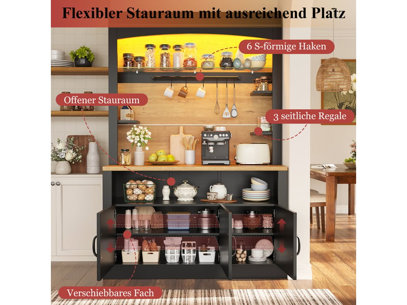  Buffet haut de cuisine 101,5x40x174 cm avec plan de travail, led rgb via application, étagères réglables, 6 crochets, 3 tablettes latérales, noir  - Conforama E