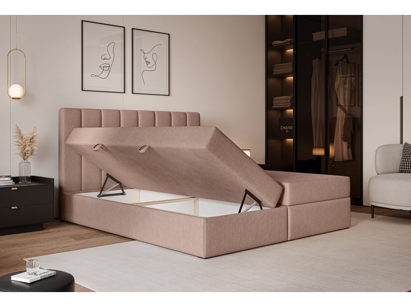  Lit coffre leo - 140x200 cm - avec matelas et surmatelas - tissu tissé chiné - rose pâle LEO - Conforama D