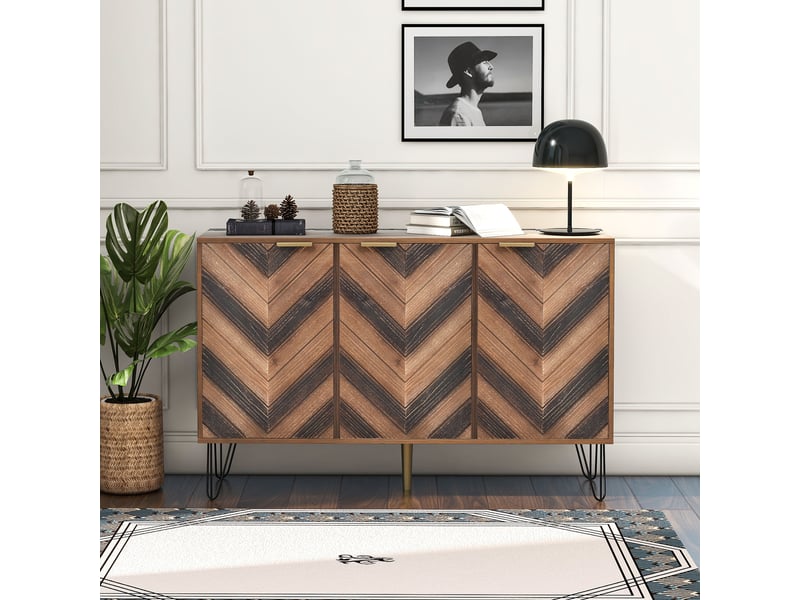  Buffet 3 portes bois naturel et noir, bahut 120 cm avec étagères, pieds en métal et poignées dorées  - Conforama W