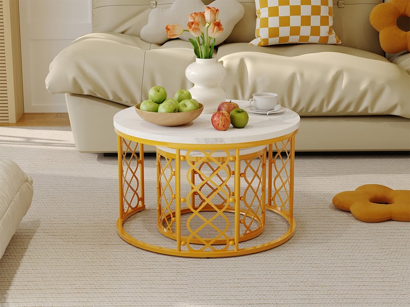  Tcqpz table basse lot de 2 70x70 cm mdf aspect marbre structure métal emboîtable  - Conforama E