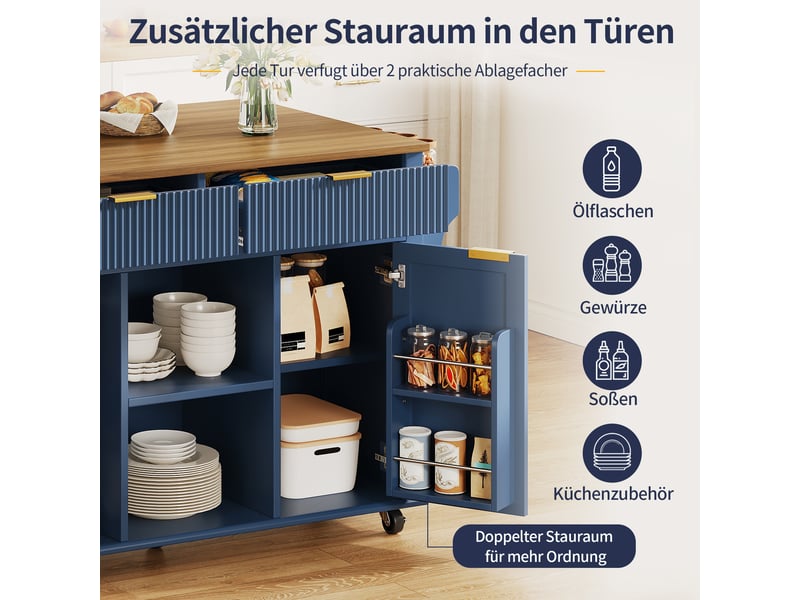 Îlot de cuisine roulant - plan de travail rabattable 120x45 cm - grand espace de rangement avec tiroirs et armoires 143x45x89.5cm - Conforama C