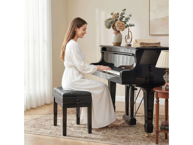 Tabouret de piano avec hauteur réglable et coffre intégré en bois et similicuir aux dimensions 63x35x46-56cm en noir  - Conforama B