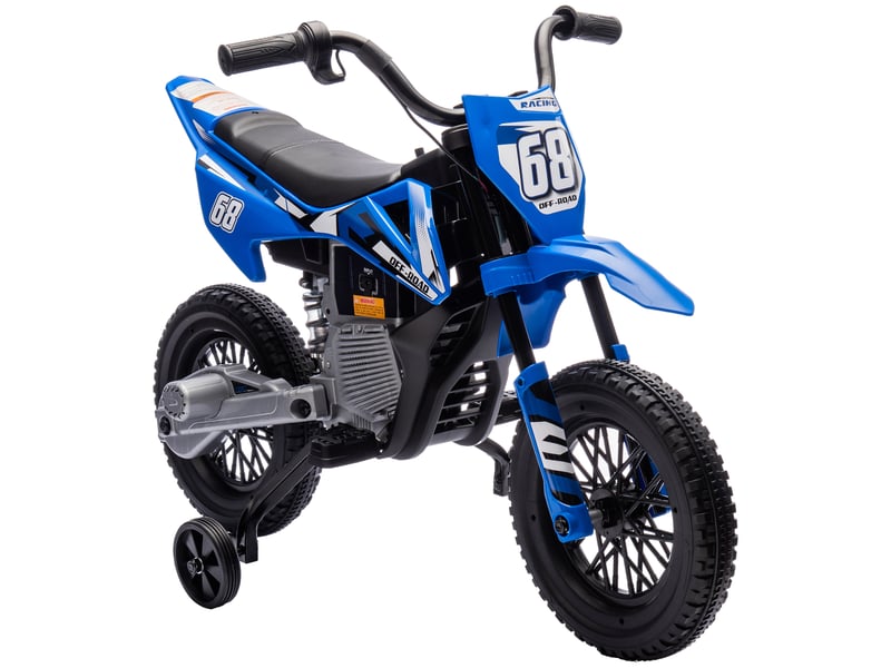  Moto électrique pour enfants avec stabilisateurs amovibles, suspension, effets sonores et indicateur de charge, bleue  - Conforama A