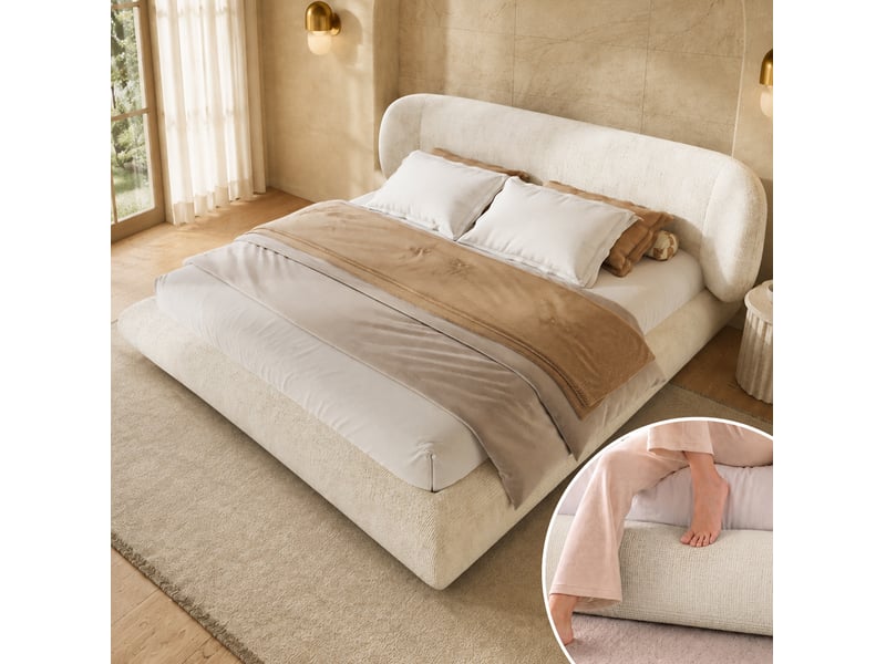  Lit rembourré tcqpz 140 x 200 cm avec tête de lit et sommier à lattes chenille beige  - Conforama E