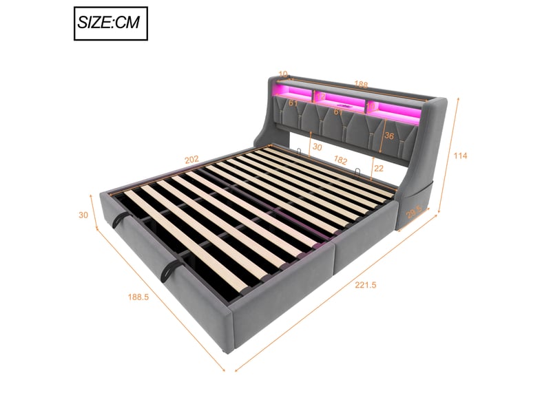  Lit coffre tcqpz 180 x 200 cm hydraulique led usb type-c velours gris  - Conforama C