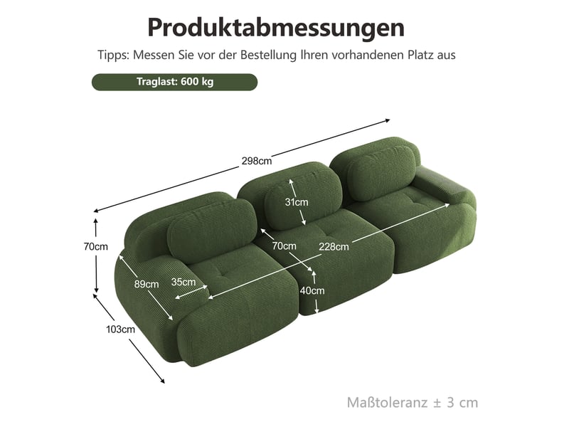  Canapé modulaire 3 places modenvie sans cadre en velours côtelé vert 298 x 103 x 70 cm  - Conforama C