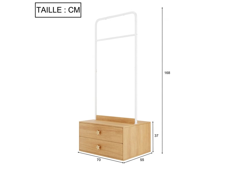  Porte-manteau enfant en bois 70x55x168 cm avec penderie ouverte, 2 tiroirs et rangement, couleur naturelle  - Conforama C