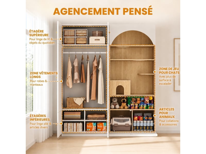  Armoire multifonction 3 en 1 ensemble vestiaire avec penderie et mur d'escalade  270x50x200cm blancbois  - Conforama E