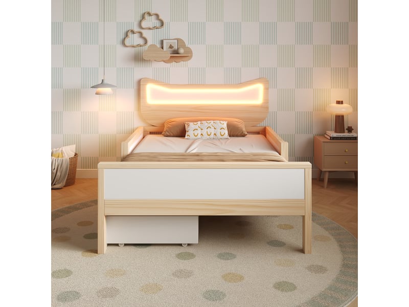  Lit enfant 90 × 200 cm, blanc et décor chêne, blanc et chêne, tête de chat et led IKSETERA TRADING LTD - Conforama E