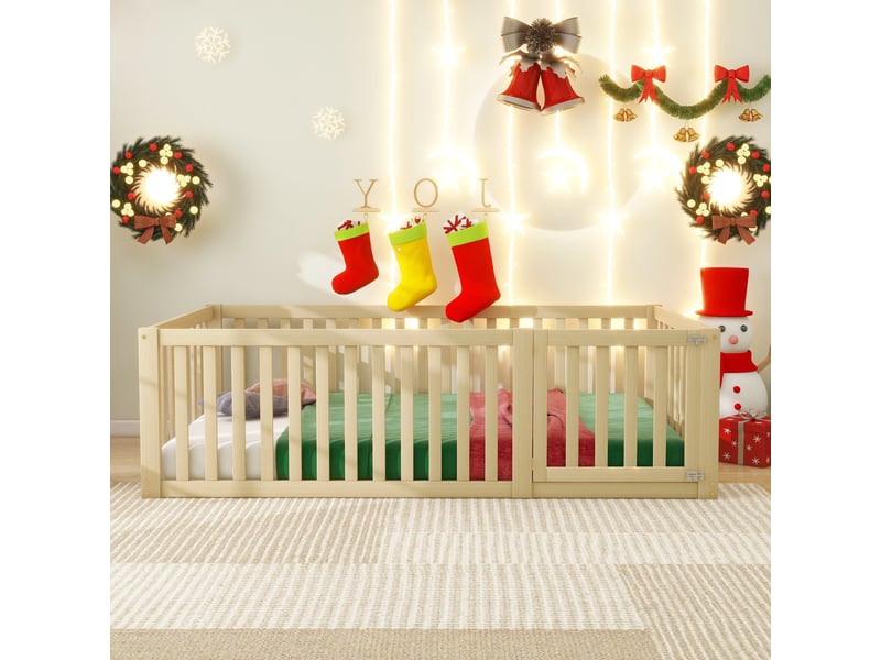  Lit enfant 90x200 cm, cadre de lit au sol avec barrière de sécurité, sans sommier  - Conforama D