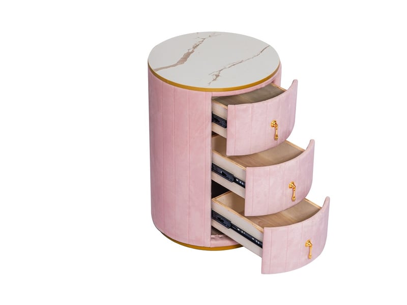  Table de chevet 3 tiroirs ronde rembourrée velours plateau marbre quincaillerie dorée meuble rangement moderne chambre salon rose  - Conforama D