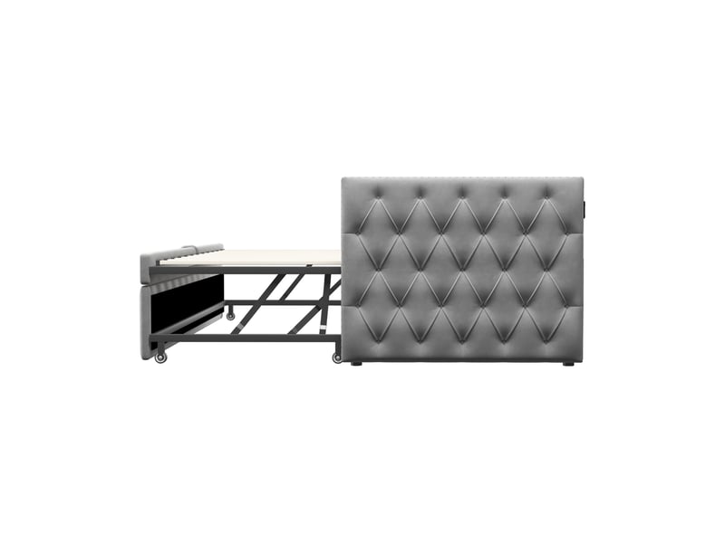 Lit gigogne enfant 90x200 cm avec sommier - lit simple forme classique avec boutons - velours - gris clair (sans matelas)  - Conforama R