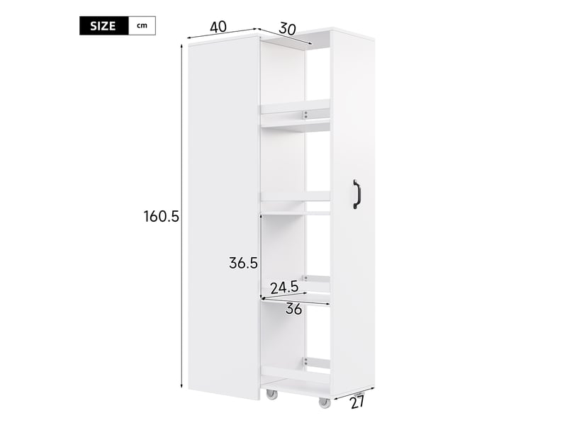  Bibliothèque étroite 40x30x160,5 cm – blanche – sur roulettes avec rangement polyvalent et protections  - Conforama C