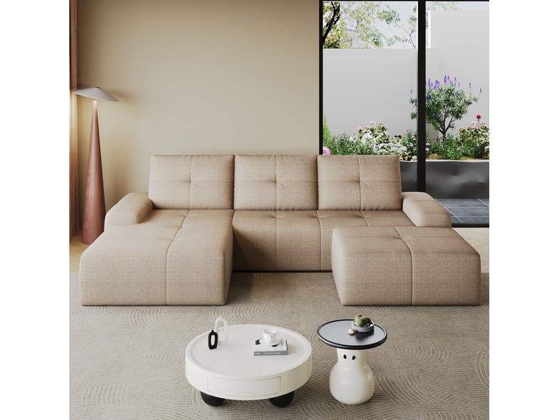  Canapé d’angle nuage 4 places avec pouf, en tissu kaki, 262x172x82 cm  - Conforama B