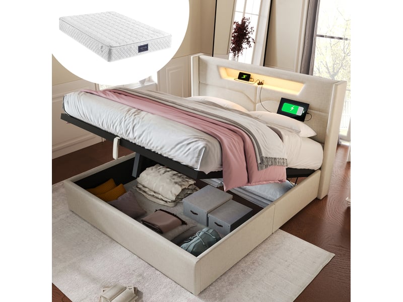  Lit coffre 160 × 200 cm 2 places avec led réglable, usb et type-c, matelas inclus, en lin beige  - Conforama B