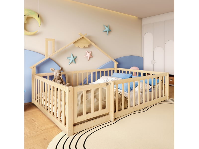  Lit enfant 140x190 cm en bois avec sommier à lattes, barrières et forme maison  - Conforama E