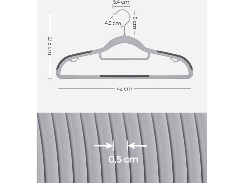 Cintres 50 pièces, cintres en plastique, antidérapant, gain de place, épaisseur 0,5 cm, largeur 42 cm, crochet pivotant à 360° argent, gris clair et gris s?r - Conforama D