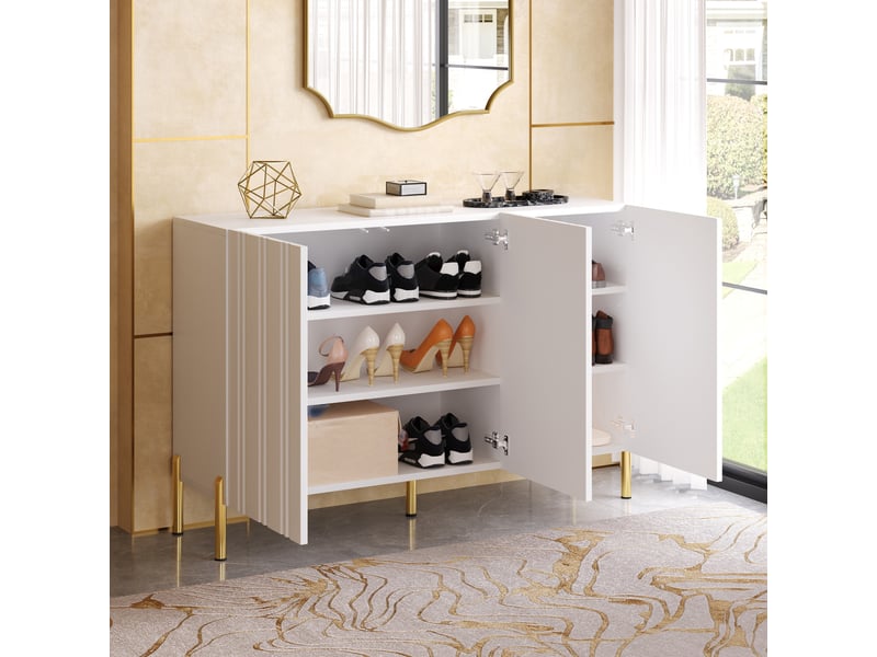 Sideboard 3 portes bois clair meuble de rangement buffet pb et mdf avec lignes verticales et pieds dorés - Conforama E