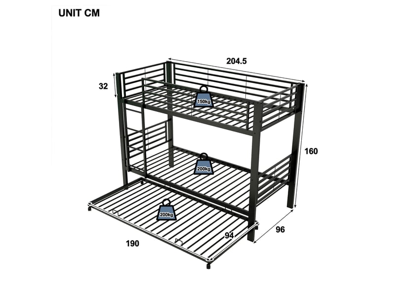  Lit superposé enfant 90 x 200 cm noir en métal, lit gigogne 90 x 190 cm et couchages pour 3 personnes  - Conforama C