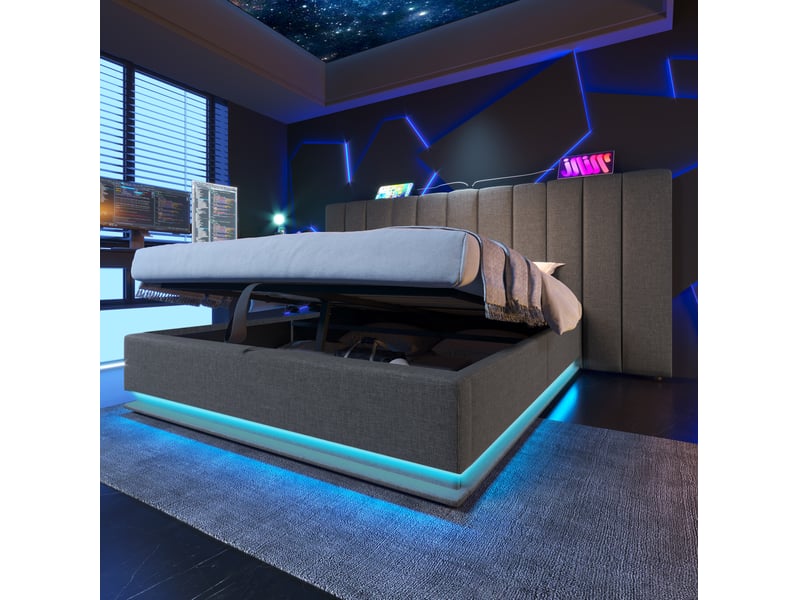  Lit coffre tcqpz 160 x 200 cm gris en lin avec led app usb-c et sommier  - Conforama E