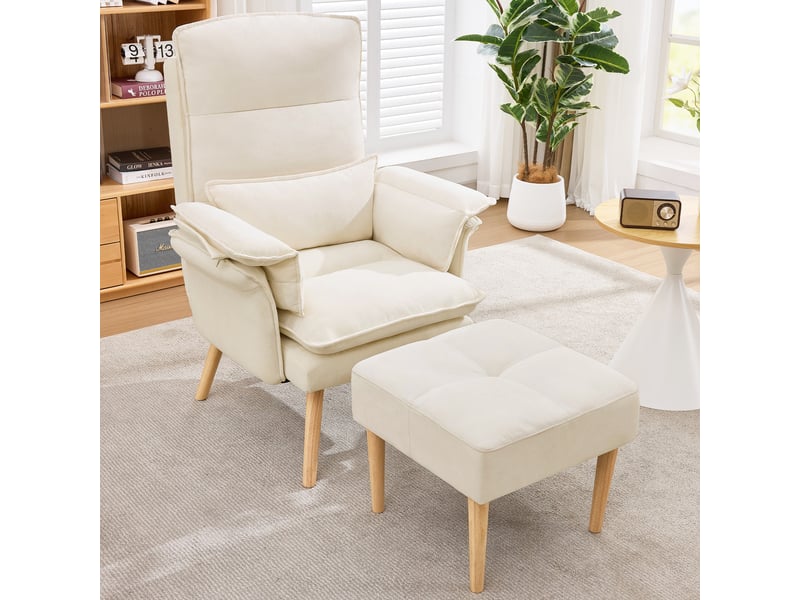  Fauteuil relax, fauteuil de salon – dossier réglable, pieds bois, avec accoudoirs, avec repose-pieds, beige  - Conforama C